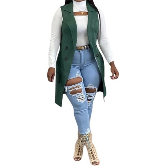 Womens Casual Sleeveless Long Sweater Vest Open Front Knit Cardigan with Pockets - Picture 1 of 7